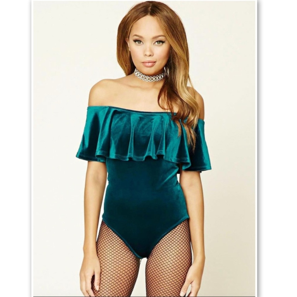 NWT Forever 21 Velvet Bodysuit Teal Large - Picture 1 of 3